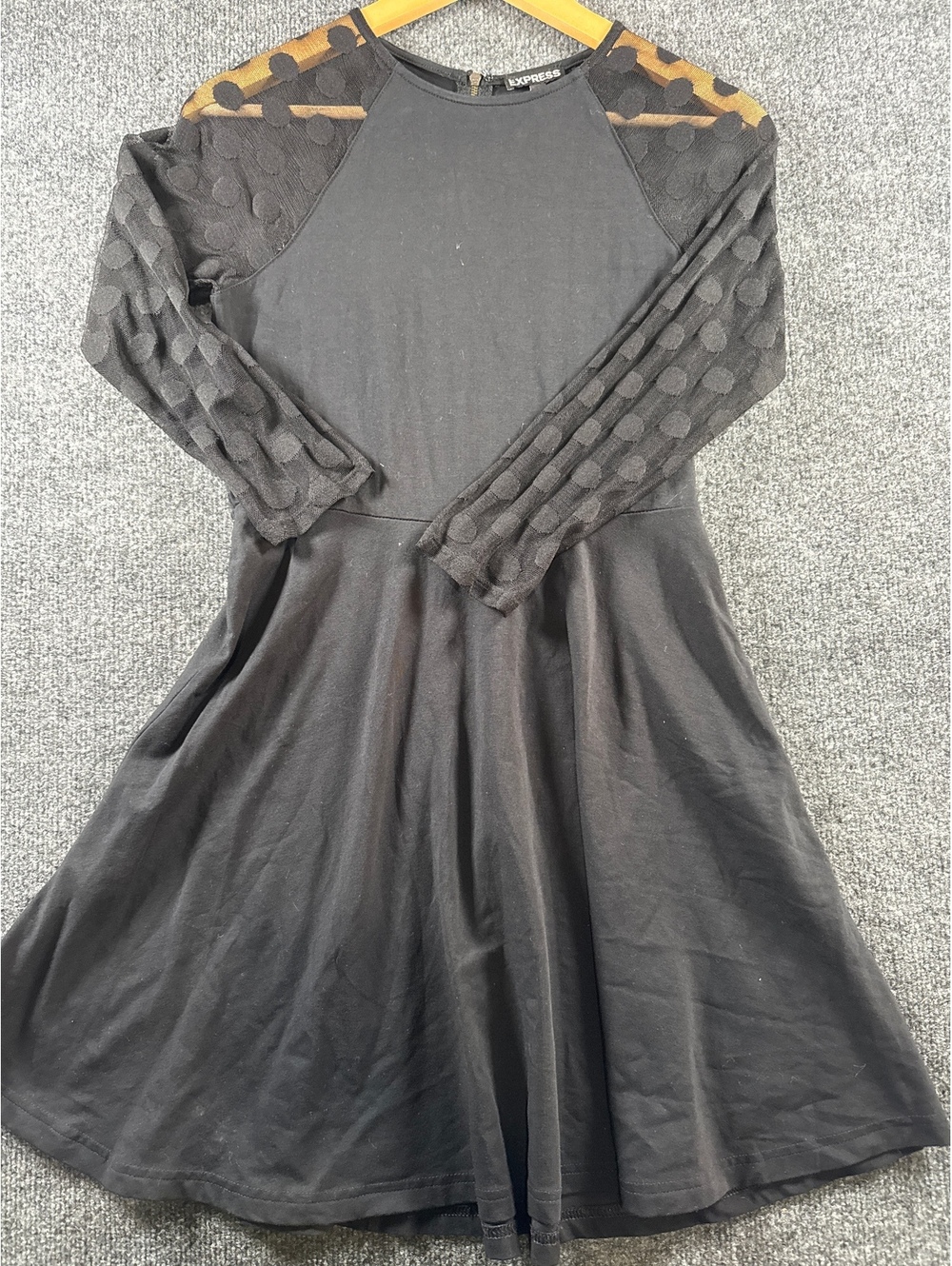 Express Womens M Black Fit Flare Dress Sheer Polka Dot Long Sleeve Party